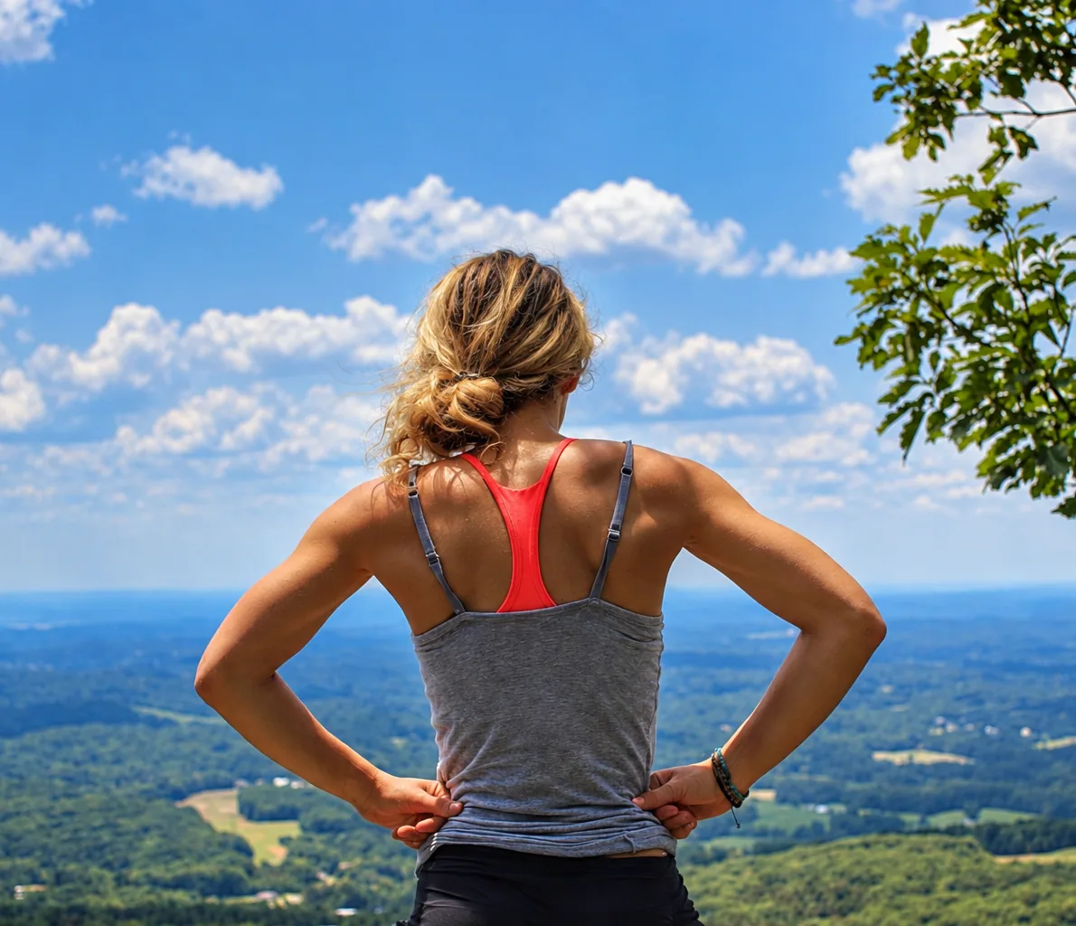 A runner standing on a hilltop with her hands on her hips, looking out over a wooded valley