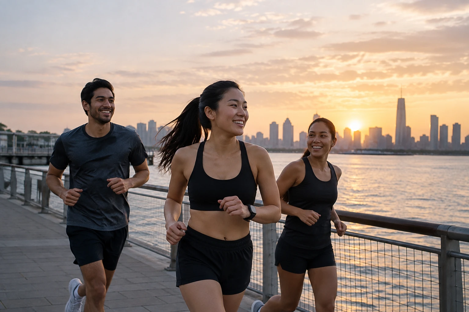 A group of runners training along the waterfront at sunrise